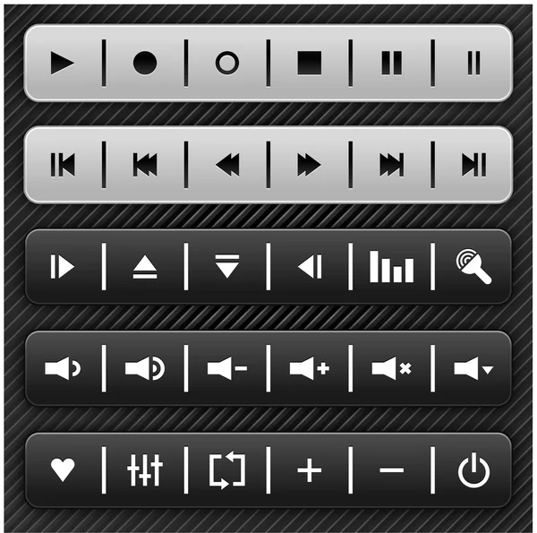 Gray and black media control navigation panel with drop shadow on gray and black strip background. This vector illustration created and saved in 10 eps — 스톡 벡터