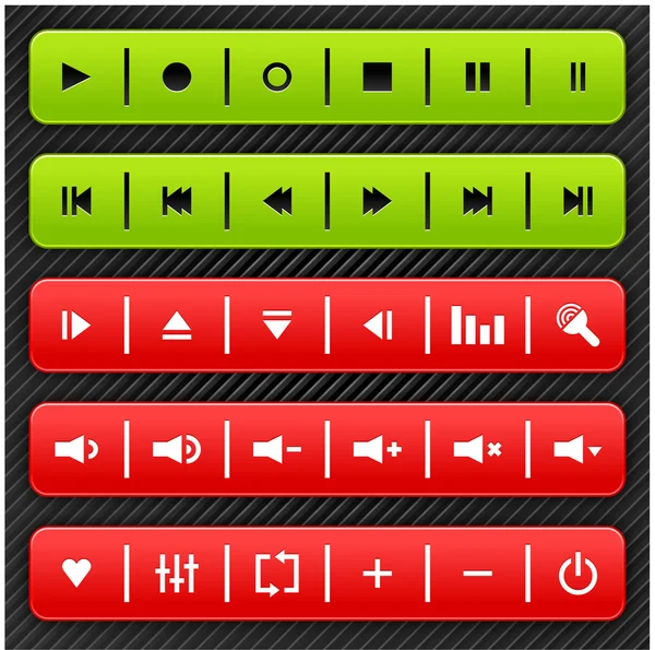 Green and red media control navigation panel with drop shadow on gray and black strip background. This vector illustration created and saved in 10 eps — Stock Vector