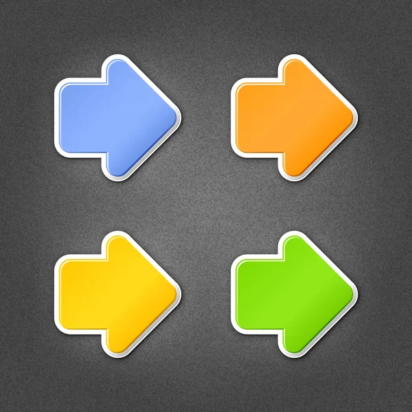 4 colored arrow sign stickers web icon. Smooth green, orange, yellow, blue internet button with drop shadow on gray background with noise effect. This vector illustration design element saved 10 eps — Stock Vector