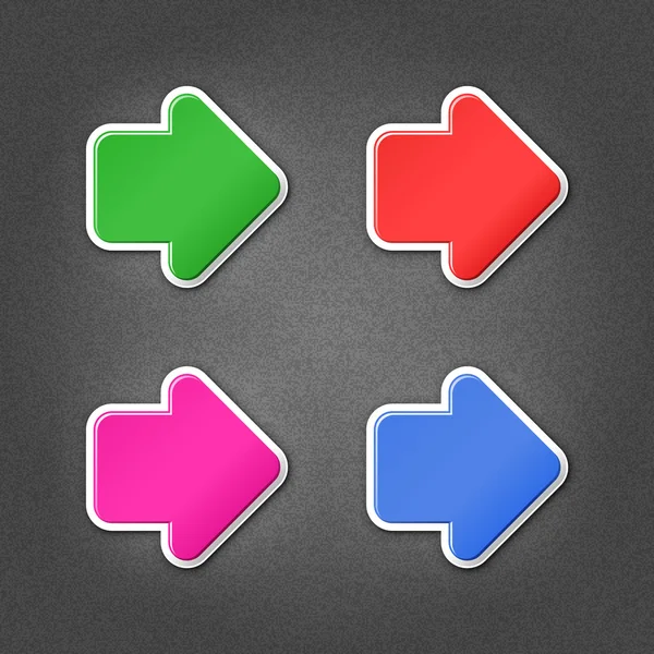 4 gekleurde pijl teken stickers web pictogram. groen, rood, paars, kobalt internet knop met slagschaduw op grijze achtergrond met ruiseffect glad. deze vector illustratie ontwerpelement opgeslagen in 10 eps — Stockvector