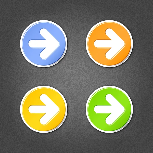 4 gekleurde pijl teken cirkel stickers. groen, oranje, gele, blauwe internet web knop met slagschaduw op grijze achtergrond met ruiseffect glad. Dit vector illustratie element opgeslagen in 10 eps — Stockvector