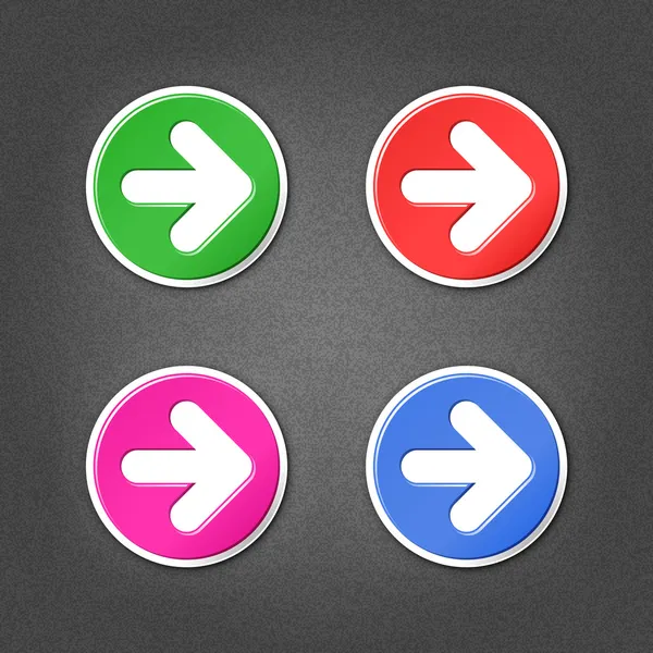 4 colored arrow sign round stickers. Smooth green, red, purple, cobalt internet web button with drop shadow on gray background with noise effect. This vector illustration element saved in 10 eps — 스톡 벡터