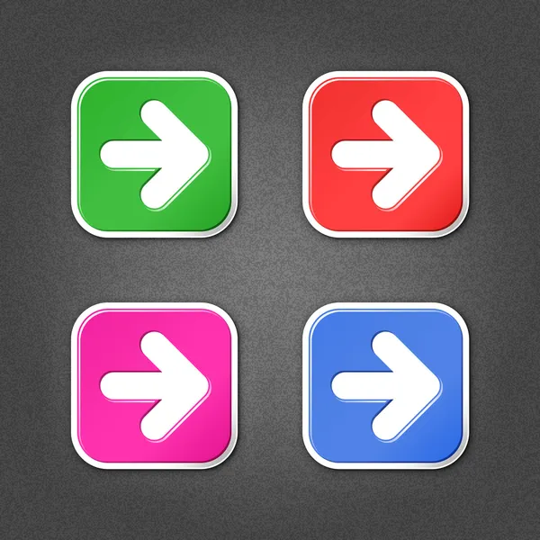 4 彩色的箭头标志方形贴纸。平滑绿色、 红色、 紫色、 钴互联网 web 按钮与阴影效果与噪声影响的灰色背景。保存在 10 eps 中的矢量图设计元素 — 图库矢量图片