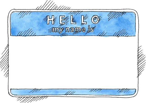 ID: a line drawing shows a blue and white nametag with some shading that reads "HELLO my name is" with a blank space for the name.