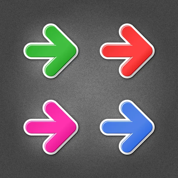 4 colored arrow sign stickers. Smooth green, red, purple, cobalt internet web button with drop shadow on gray background with noise effect. This vector illustration design element saved in 10 eps — 스톡 벡터