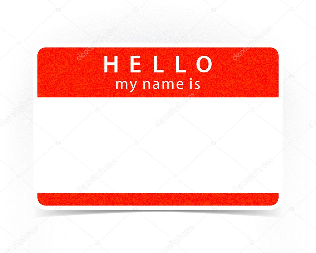 Red name tag empty sticker HELLO my name is with drop gray shadow on white background