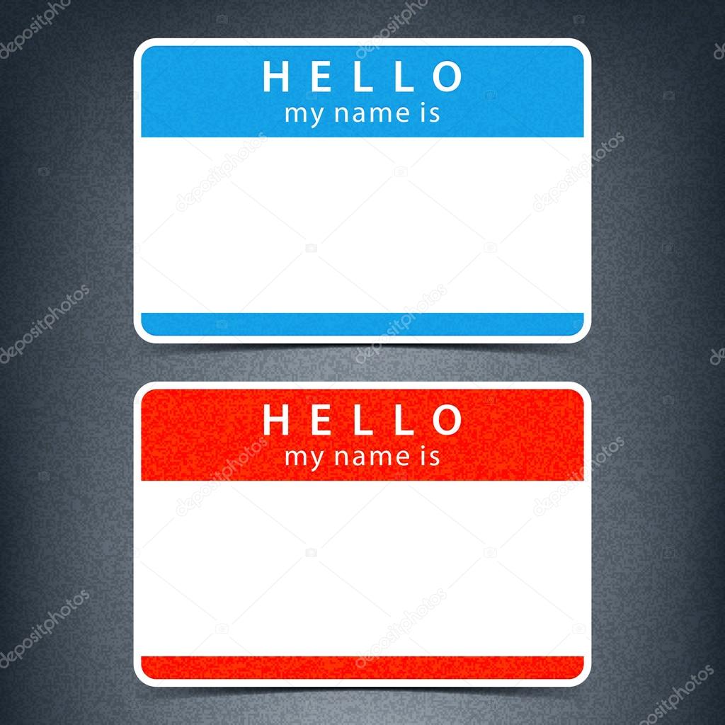 Blue and red name tag blank sticker HELLO my name is with drop black shadow on dark gray background with noise grain texture. This vector illustration clip-art element for design saved in 10 eps