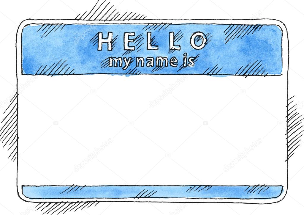 Blue name tag sticker HELLO my name is on white background. Blank badge  painted handmade draw