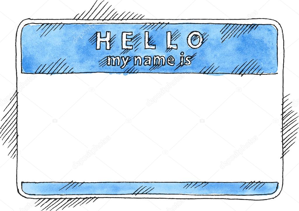 Blue name tag sticker HELLO my name is on white background. Blank badge painted handmade draw ink sketch and watercolor technique. This vector illustration clip-art element for design saved in 10 eps