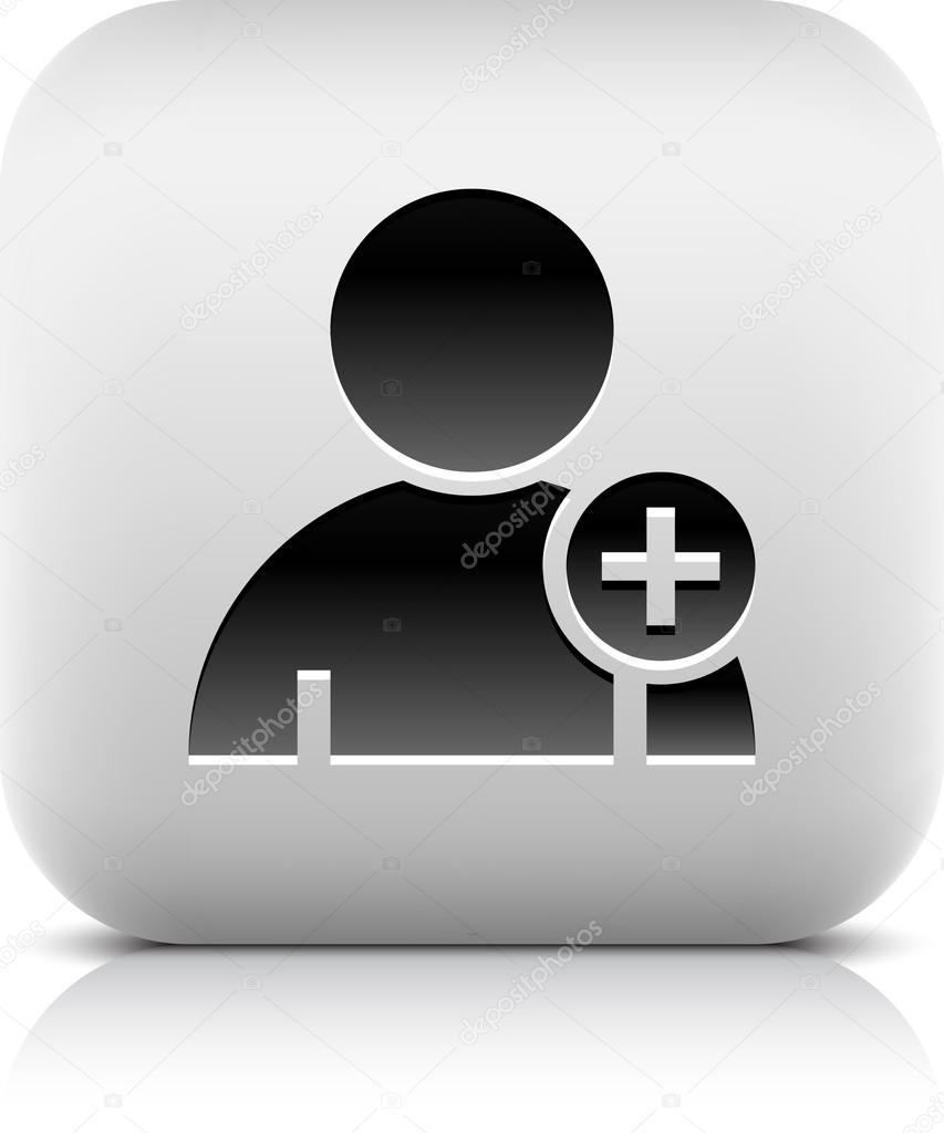 User profile sign web icon with plus glyph. Series buttons stone style. Rounded square shape with black shadow and gray reflection on white background. Vector illustration design element 8 eps