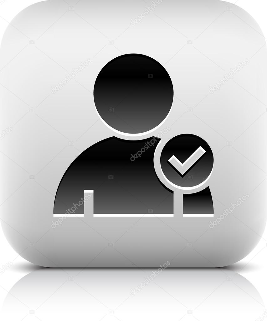User profile sign web icon with check mark glyph. Series buttons stone style. Rounded square shape with black shadow and gray reflection on white background. Vector illustration design element 8 eps
