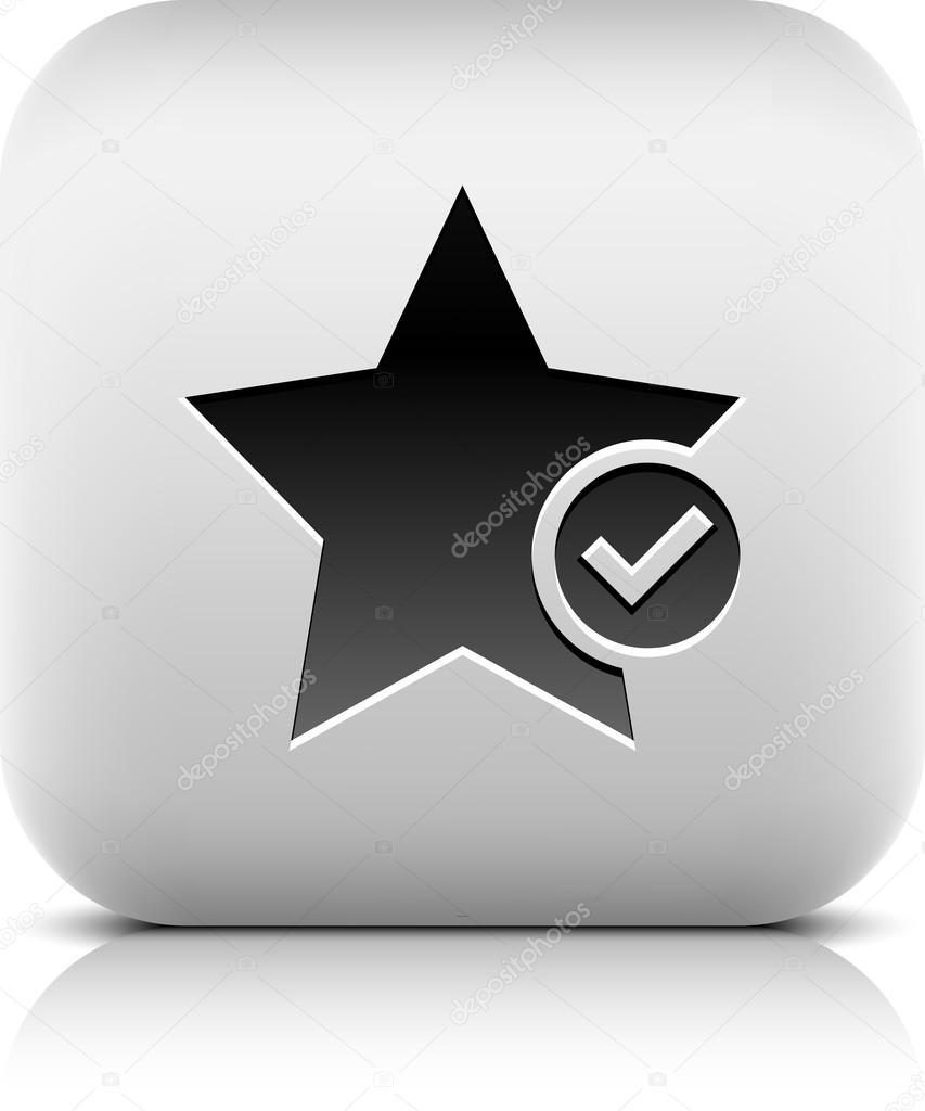 Star favorite sign web icon with check mark glyph. Series buttons stone style. Rounded square shape with black shadow and gray reflection on white background. Vector illustration design element 8 eps