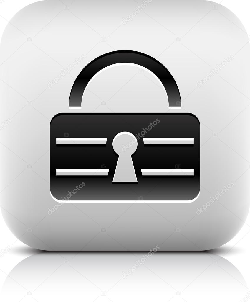 Padlock icon web sign. Series in a stone style. Rounded square button with black shadow and gray reflection on white background. Vector illustration clip-art design element in 8 eps
