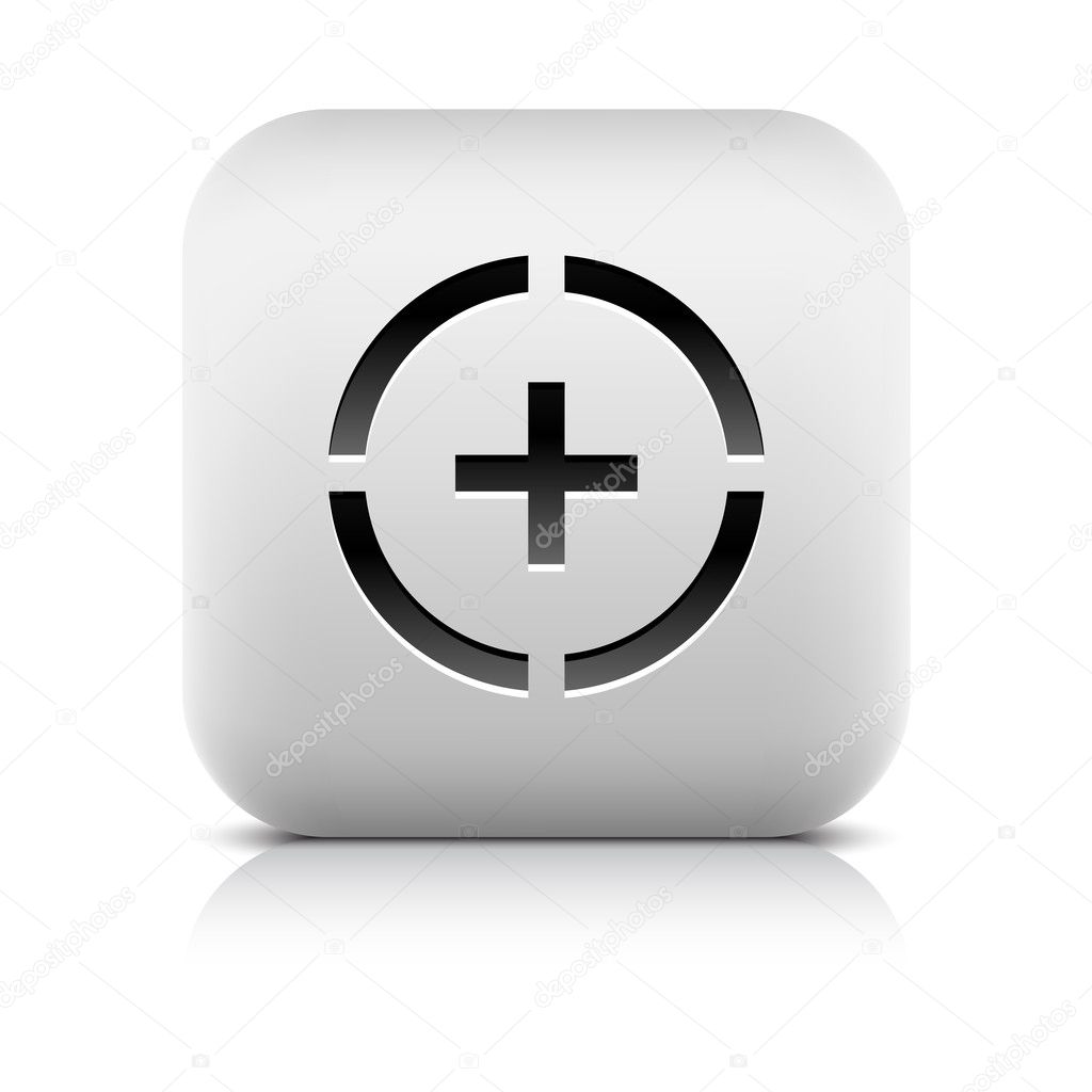 Stone web button plus sign in circle symbol. White rounded square shape icon with black shadow and gray reflection on white background. Vector illustration in wire mesh technique and saved in 8 eps