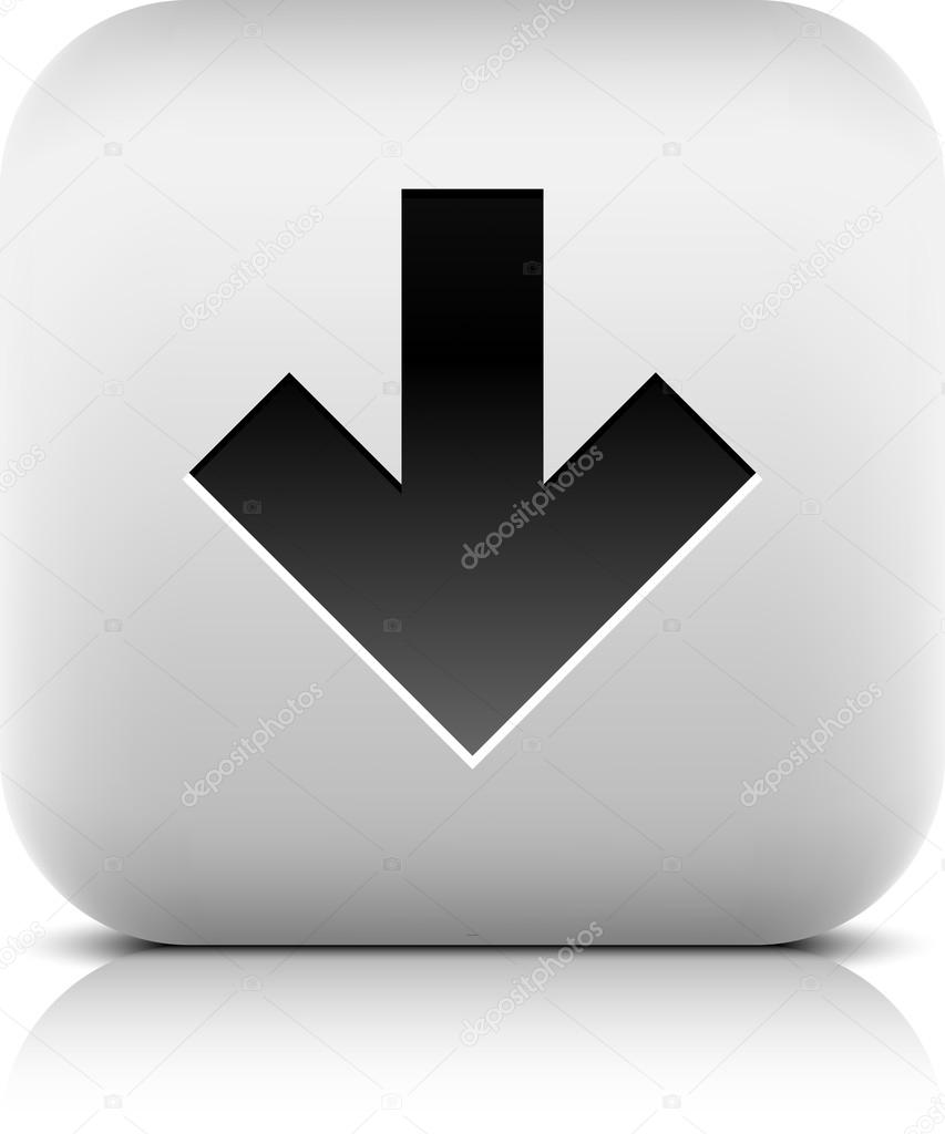 Stone arrow black sign download icon. White rounded square shape web button with drop shadow and gray reflection on white background. Vector illustration clip-art internet design element saved 8 eps
