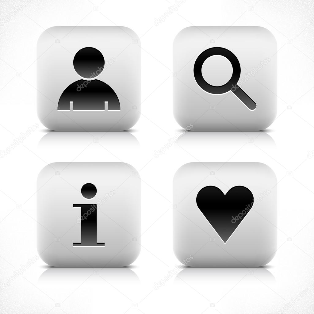 Stone web 2.0 button user, loupe, info, heart symbol sign. White rounded square shape with black shadow and gray reflection on white background. Vector illustration in wire mesh technique in 8 eps