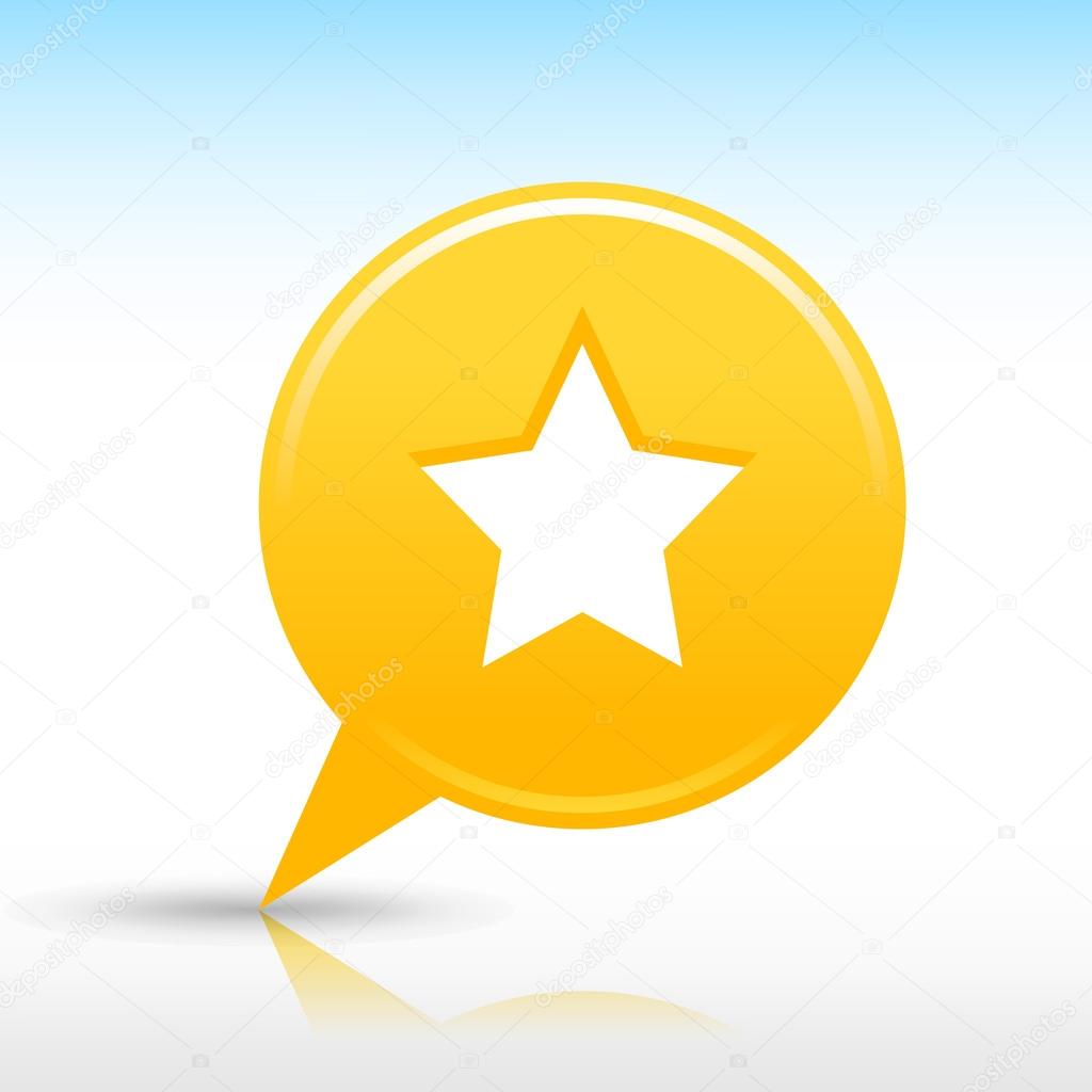 Yellow map pin with star sign. Satin round web internet button icon with drop gray shadow and colored reflection on white background. Vector saved in 10 eps. See more design elements in my gallery
