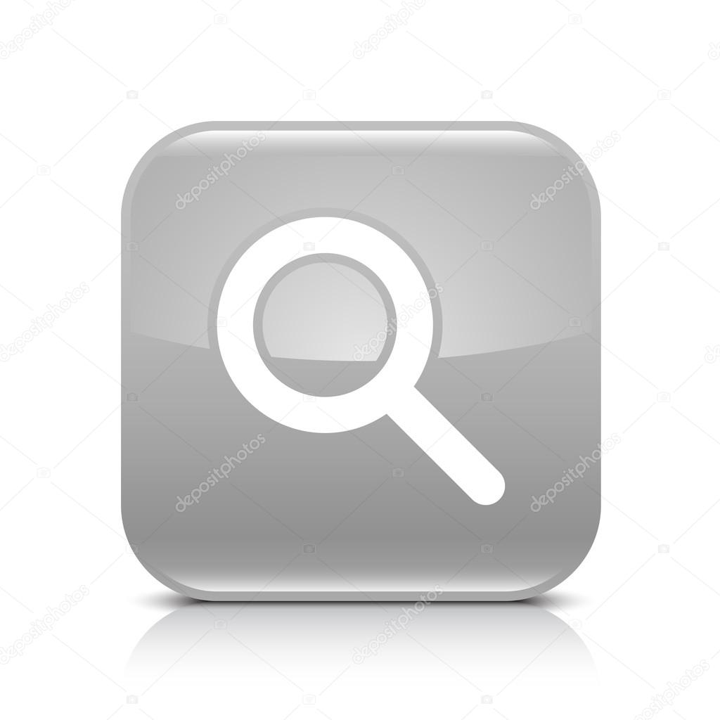 Gray glossy web button with magnifying glass sign. Rounded square shape icon with shadow and reflection on white background. This vector illustration created and saved in 8 eps