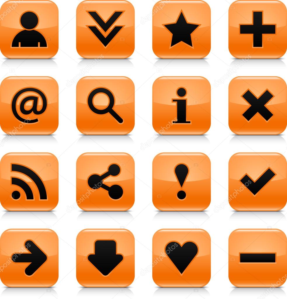 16 glossy orange button with black basic sign. Rounded square shape internet web icon with dark shadow and gray reflection on white background. This vector illustration design elements saved 8 eps