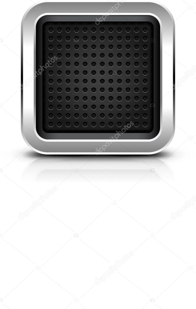 Empty icon with chrome metal frame. Rounded square button with dark perforation texture, black drop shadow and reflection on white background. Vector illustration clip-art design element in 10 eps