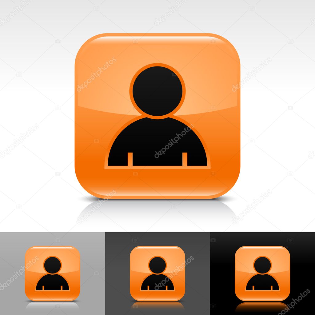 Orange glossy web button with black user profile sign. Rounded square shape icon with shadow, reflection on white, gray, black background. Vector 8 eps.