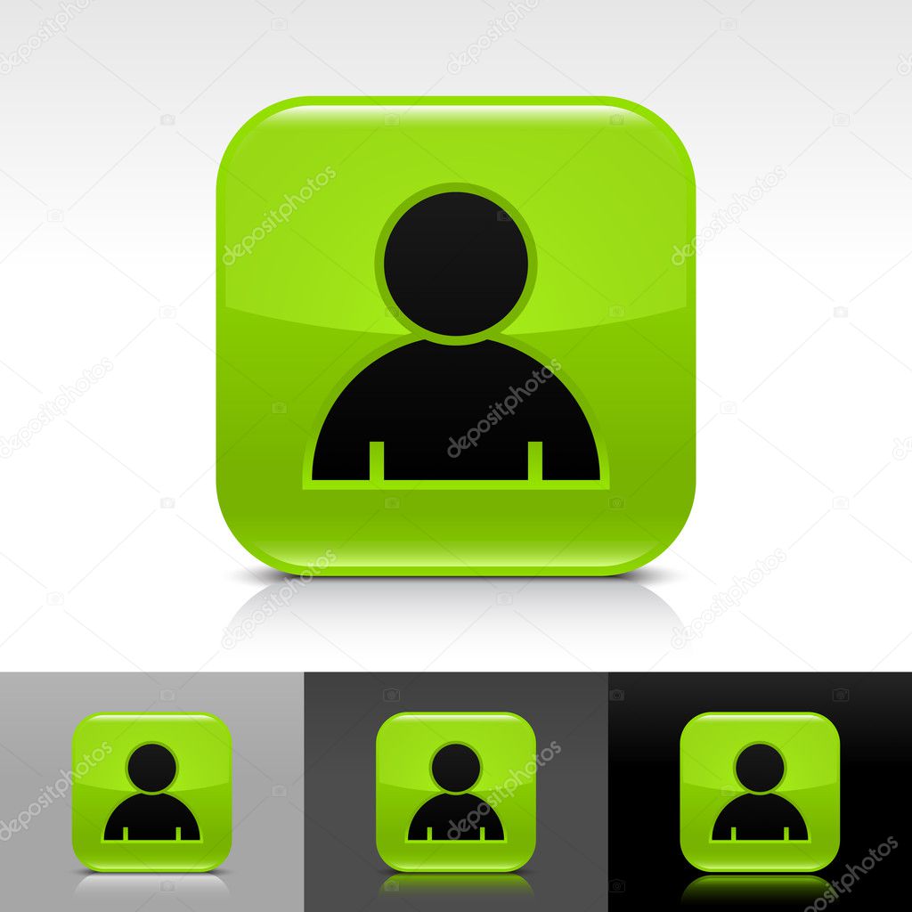 Green glossy web button with black user profile sign. Rounded square shape icon with shadow, reflection on white, gray, black background. Vector 8 eps.