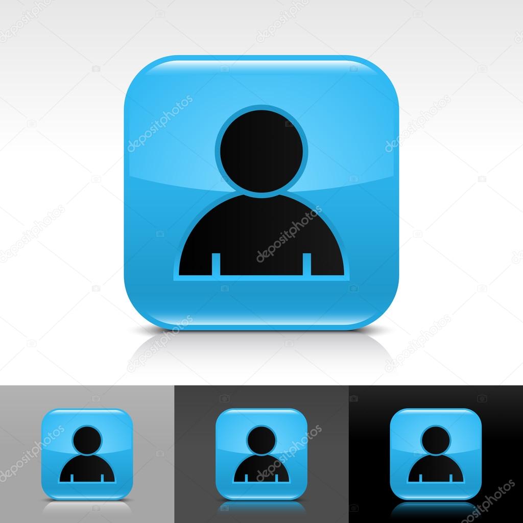 Blue glossy web button with black user profile sign. Rounded square shape icon with shadow, reflection on white, gray, black background. Vector 8 eps.