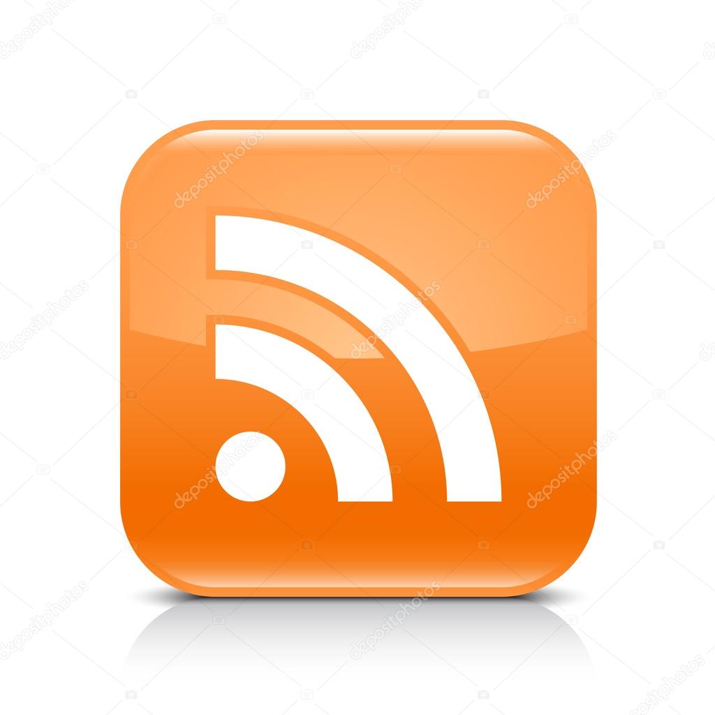 Orange glossy web button with RSS feed sign. Rounded square shape icon with shadow and reflection on white background. This vector illustration created and saved in 8 eps
