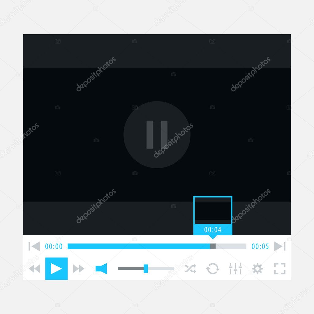 Media player ui interface with video loading bar and additional buttons. New modern minimal metro cute style. Simple solid plain blue color flat tile. Vector illustration web design element in 8 eps