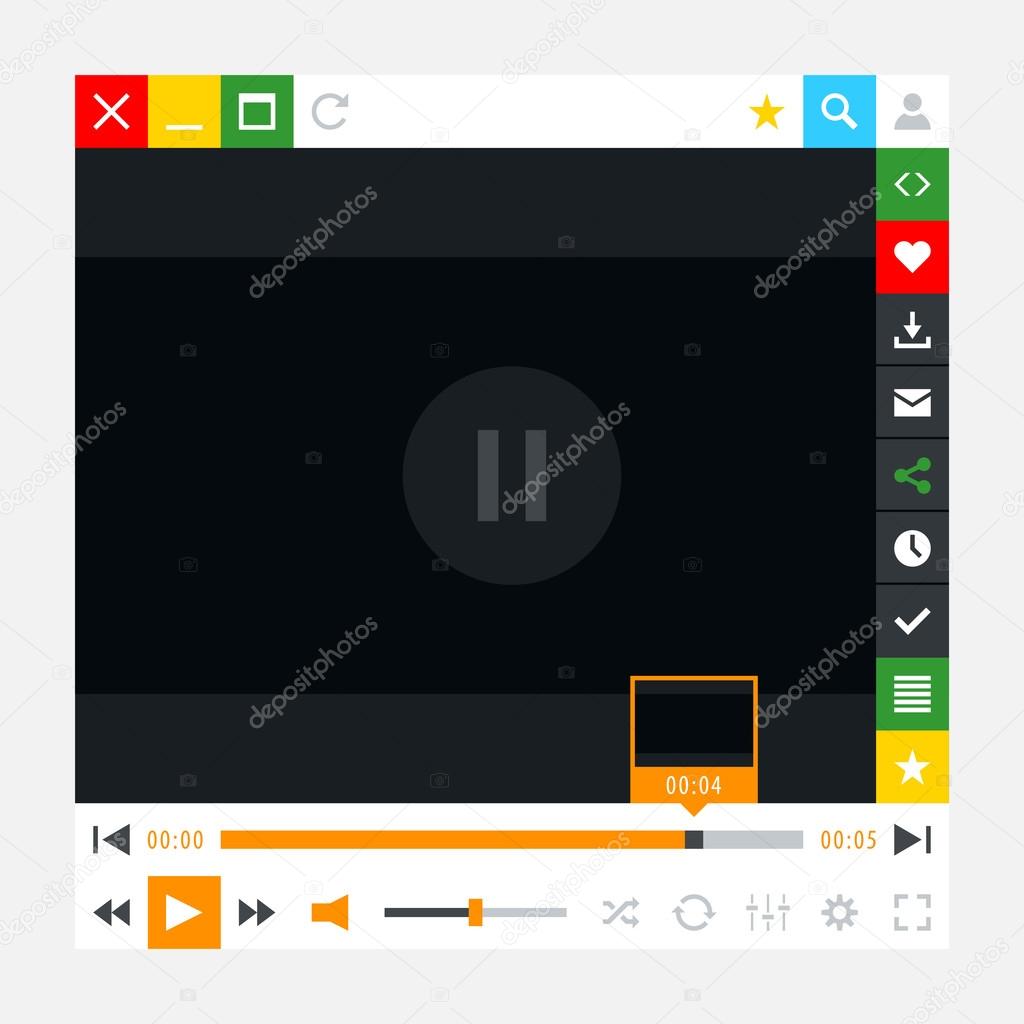 Media player with video loading bar and additional movie buttons. Variation 02 - Orange color. New minimal metro cute style. Simple solid plain flat tile. Vector illustration web design element 8 eps