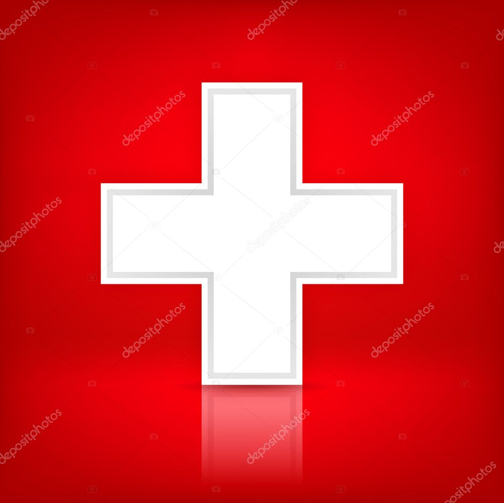White cross. Medical symbol. Switzerland flag. Satin shape with shadow and reflection on red background. Template size square format. This image is a bitmap copy my vector illustration