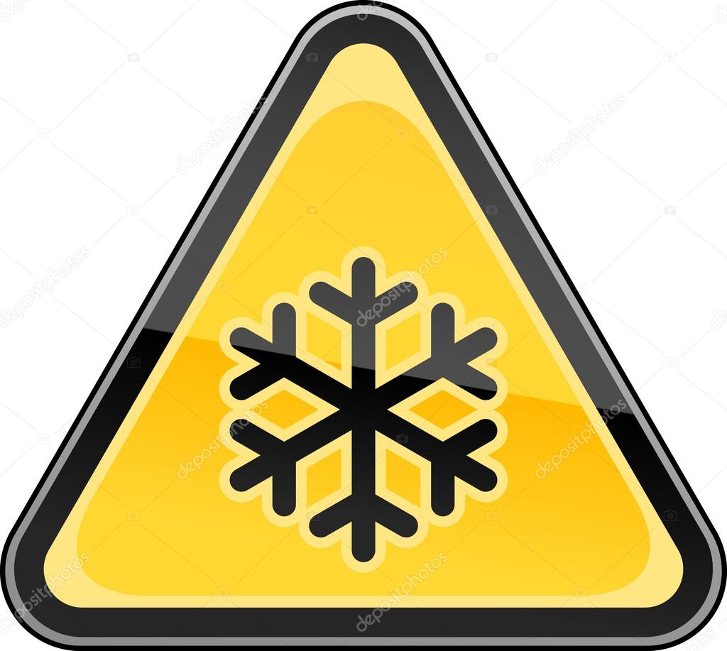 Yellow hazard sign with black snowflake low temperature symbol. Triangular glossy shape on white background. This vector illustration clip-art design element saved in 10 eps
