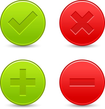 Satin validation icons. Red and green web buttons with shadow on white background. Check mark, delete, plus and minus signs for internet. Vector illustration clip-art design elements saved in 8 eps clipart