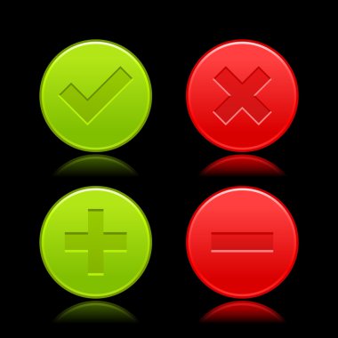 Red and green icon with check mark, delete, plus and minus signs. Satin validation web buttons with color reflection on black background. Vector illustration clip-art design elements saved in 8 eps clipart