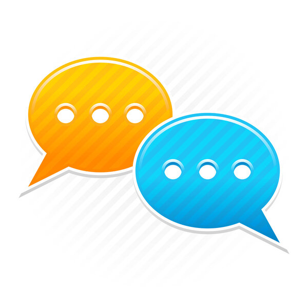 Satin smooth sticker chat room icon. Yellow and blue color web button. Strip speech bubbles shape with shadow on white background. This vector illustration saved in 10 eps