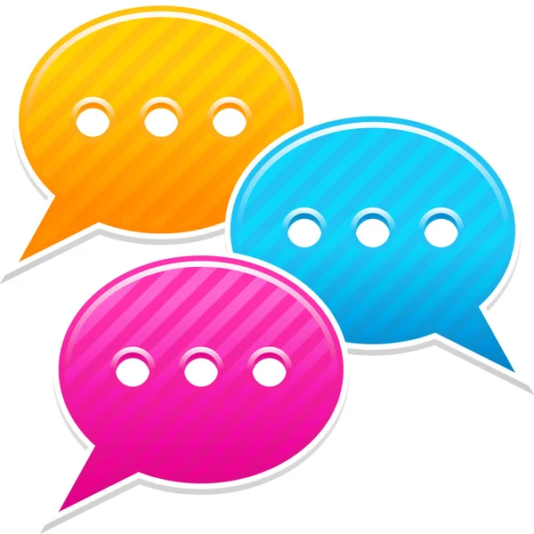 Satin sticker chat room icon. Yellow, blue and pink colored web button. Striped speech bubbles shape with shadow on white background. This vector illustration saved in 10 eps — Stock Vector