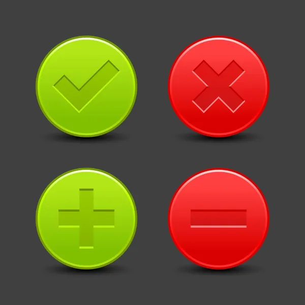 Check mark, delete, plus and minus signs on satin validation icons. Red and green web buttons with drop black shadow on gray background. Vector illustration clip-art design elements saved in 8 eps — Stock Vector