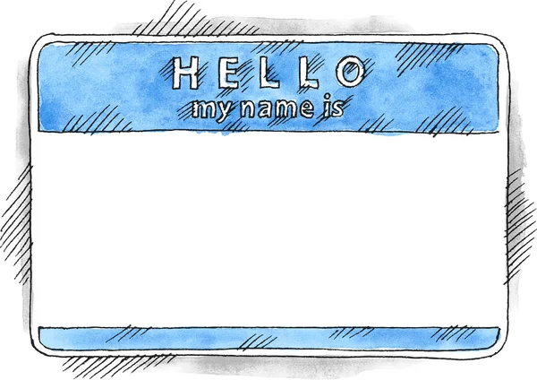 Bleue vierge HELLO mon nom est étiquette autocollant avec ombre sur fond blanc. Technique d'aquarelle artisanale — Image vectorielle