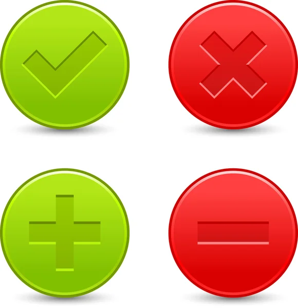 Satin validation icons. Red and green web buttons with shadow on white background. Check mark, delete, plus and minus signs for internet. Vector illustration clip-art design elements saved in 8 eps — Stock Vector