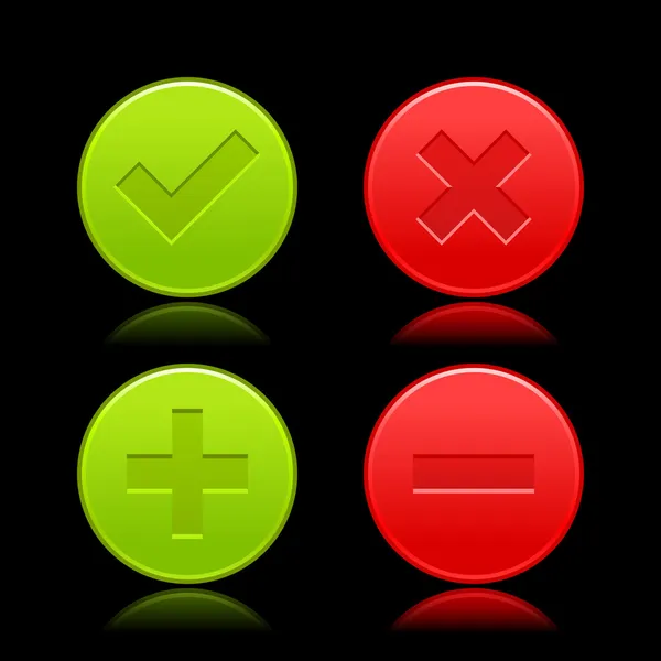 Red and green icon with check mark, delete, plus and minus signs. Satin validation web buttons with color reflection on black background. Vector illustration clip-art design elements saved in 8 eps — Stock Vector