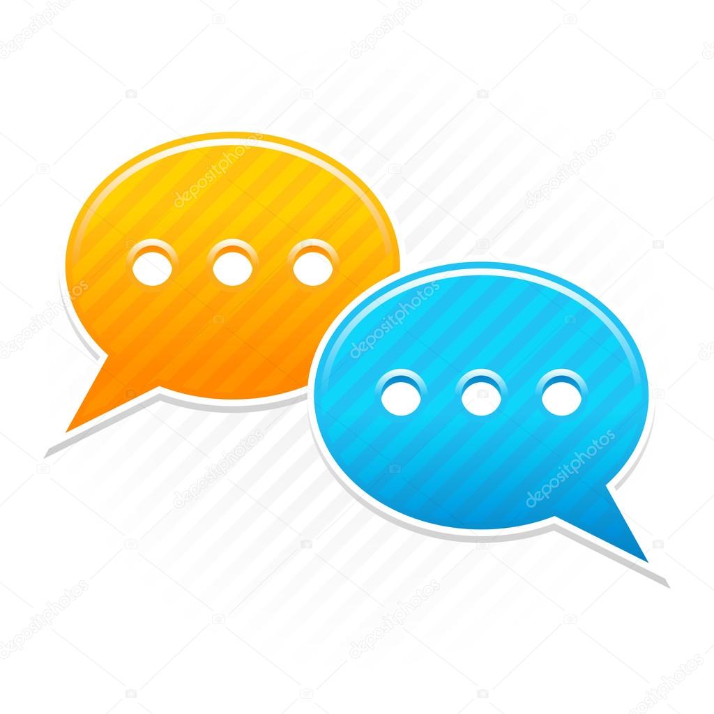 Satin smooth sticker chat room icon. Yellow and blue color web button. Strip speech bubbles shape with shadow on white background. This vector illustration saved in 10 eps