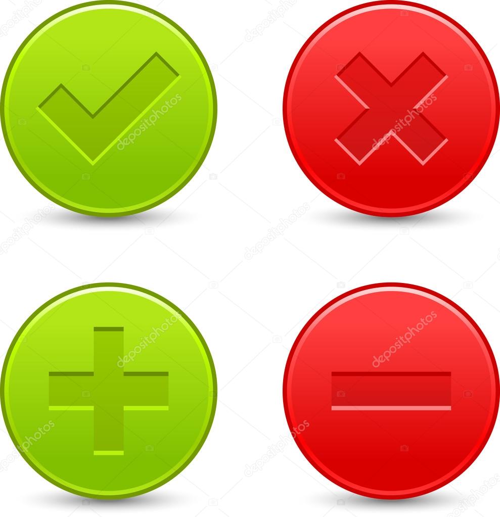 Satin validation icons. Red and green web buttons with shadow on white background. Check mark, delete, plus and minus signs for internet. Vector illustration clip-art design elements saved in 8 eps