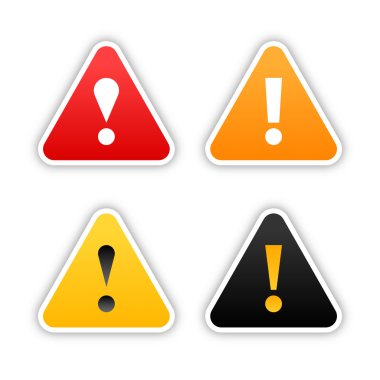 Four warning stickers with exclamation mark sign and drop shadow on white background clipart