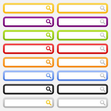 Web arama formu Büyüteç işareti ile. varyasyonlar renkleri yuvarlatılmış dikdörtgen gri arka plan üzerinde