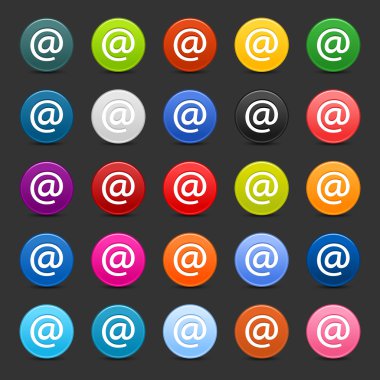 25 satined web 2.0 düğmesi işareti ile. Gölge gri arka plan üzerinde renkli yuvarlak şekiller