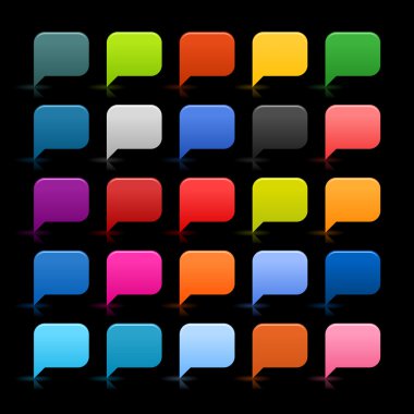 25 basit iletişim konuşma balonu. Web 2.0 kare şekilleri ile siyah arka plan üzerine gölge ve yansıma yuvarlak