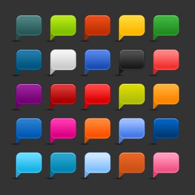 25 iletişim konuşma balonu web 2.0 düğmeleri renkli. satined düz kare şekilleri gri arka plan üzerine gölge ile