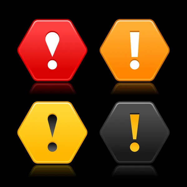 Warning attention icon web 2.0 button. Colored hexagon shape with color reflection on black background — Stock Vector