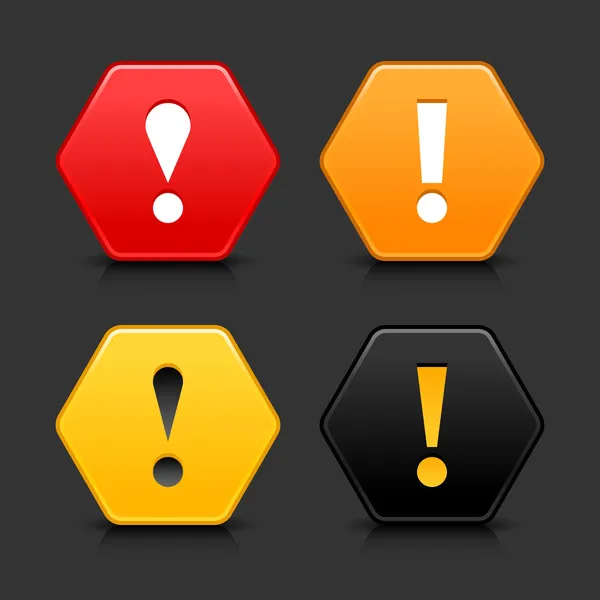 Varning uppmärksamhet ikonen web 2.0 knapp. färgade hexagon form med svart skugga och eftertanke på grå bakgrund — Stock vektor