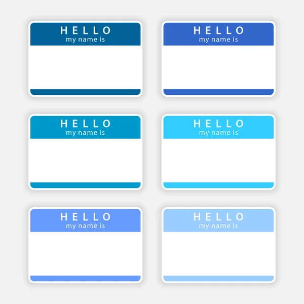 Badge name tag HELLO my name is. Colored empty stickers with shadow on gray. — Stock Vector